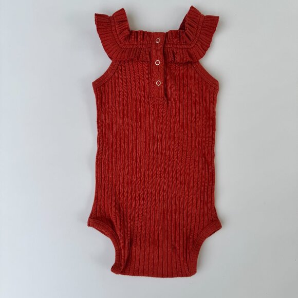 Kate Quinn Ribbed Flutter Bodysuit | Ruffle Neck | Brick Red | 12–18M | NWT - Picture 3 of 7